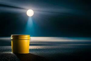 a yellow bucket sits on the floor in front of a bright light. AI-Generated photo