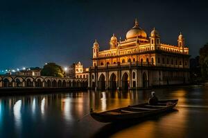 a boat is floating in front of a building at night. AI-Generated photo