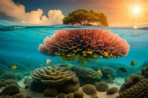 a tree and coral reef under the water. AI-Generated photo