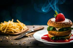 a hamburger with strawberry sauce and fries on a plate. AI-Generated photo