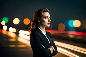 a woman in a suit stands in front of a city at night. AI-Generated photo