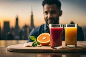 a man sitting at a table with two glasses of juice. AI-Generated photo