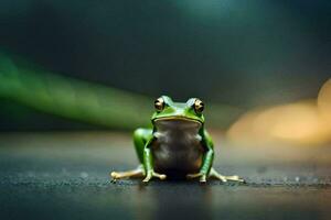 a frog sitting on the ground with a blurry background. AI-Generated photo