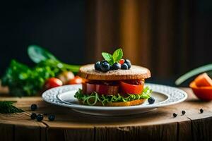 a sandwich with tomatoes, lettuce and blueberries on a plate. AI-Generated photo