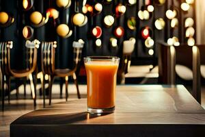 a glass of orange juice sitting on a table in front of a wall of lights. AI-Generated photo