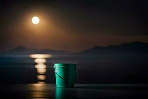 a green bucket sitting on a table in front of a full moon. AI-Generated photo