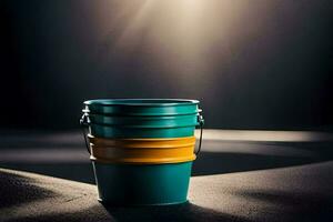 a green bucket with a yellow handle sitting on a black surface. AI-Generated photo