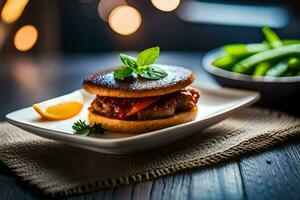 a hamburger with a tomato and cheese on a white plate. AI-Generated photo