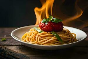 a plate of spaghetti with a strawberry on top. AI-Generated photo