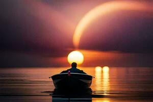 un hombre en un barco a puesta de sol. generado por ai foto