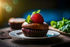 a cupcake with strawberries and mint on a plate. AI-Generated photo