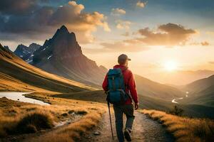 un hombre con un mochila caminando en un sendero en el montañas. generado por ai foto