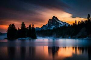 a beautiful sunset over a lake and mountain. AI-Generated photo