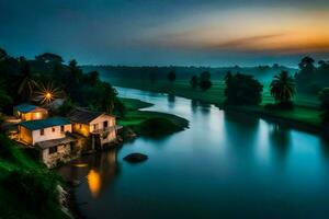 a house sits on the bank of a river at dusk. AI-Generated photo