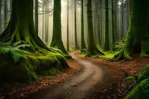 un camino mediante un bosque con cubierto de musgo arboles generado por ai foto