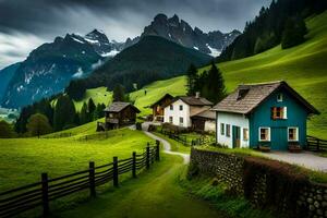 photo wallpaper the sky, mountains, house, road, green, house, the road, the. AI-Generated