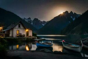 photo wallpaper the moon, lake, boats, mountains, house, the moon, the lake,. AI-Generated