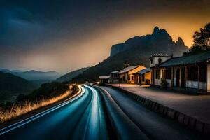 photo wallpaper the sky, mountains, road, sunset, the road, the road, the road. AI-Generated