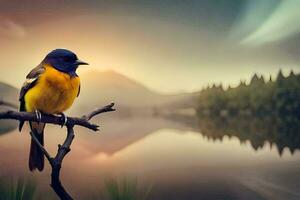 a bird sits on a branch near a lake. AI-Generated photo