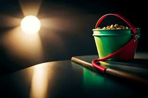 a bucket of popcorn on a table with a light behind it. AI-Generated photo