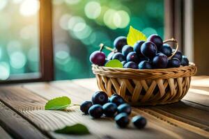 a basket of black currant on a wooden table. AI-Generated photo