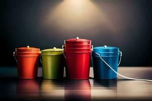 colorful buckets with a light shining on them. AI-Generated photo
