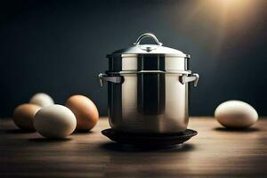 a stainless steel pot with eggs on a table. AI-Generated photo