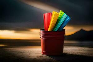 a bucket filled with colorful pencils on a wooden table. AI-Generated photo