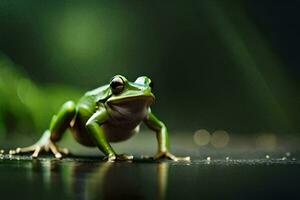 a frog is standing on a wet surface. AI-Generated photo