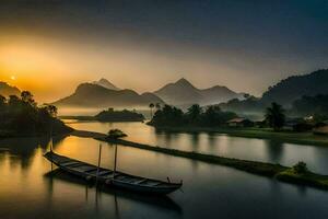 a boat sits on the water at sunrise in a valley. AI-Generated photo