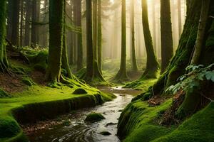 a stream runs through a green forest with mossy trees. AI-Generated photo