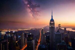 the empire state building is seen at sunset. AI-Generated photo