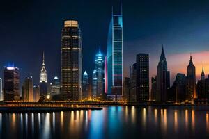 el ciudad horizonte a noche con luces reflejando apagado el agua. generado por ai foto