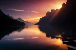 the sun is setting over a mountain lake. AI-Generated photo