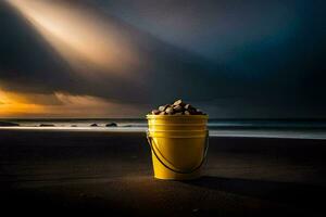 a bucket of rocks on the beach at sunset. AI-Generated photo