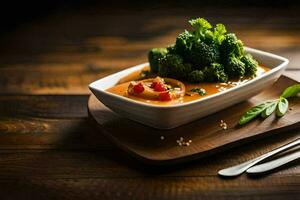 broccoli and tomato soup in a bowl. AI-Generated photo