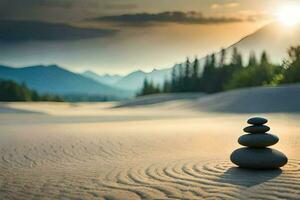 stacked stones in the sand at sunset. AI-Generated photo