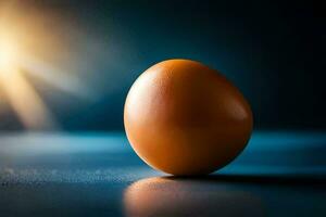 an egg on a table with the sun shining behind it. AI-Generated photo