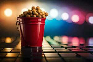 a bucket of peanuts sitting on a table with lights behind it. AI-Generated photo