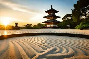 the sun sets over a pagoda in the middle of a sand garden. AI-Generated photo