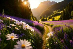 el Dom brilla en un campo de flores y un camino en el medio. generado por ai foto