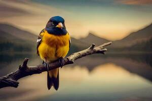 a colorful bird sits on a branch near a lake. AI-Generated photo