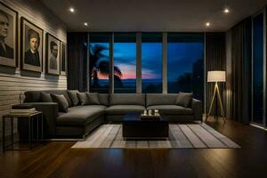 a modern living room with a large sectional couch. AI-Generated photo