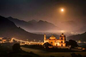 el Luna sube terminado un mezquita en el montañas. generado por ai foto