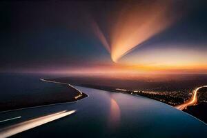 a long exposure photograph of a jet flying over a lake. AI-Generated photo