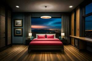 a bedroom with a view of the city at night. AI-Generated photo