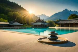 a stone stack sits on a table near a pool. AI-Generated photo