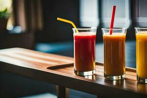 three glasses of orange juice on a table. AI-Generated photo