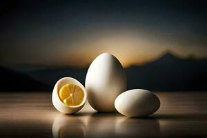 three eggs and a lemon on a table. AI-Generated photo