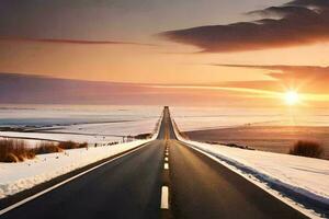 a long road with snow on the ground and the sun setting. AI-Generated photo